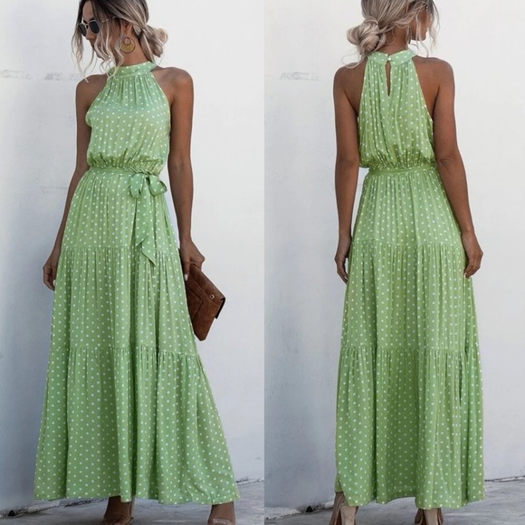 Belted boho ruffle halter maxi dress dot leopard print tan - Picture 2 of 6